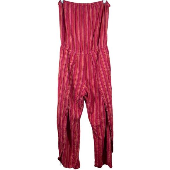 Anthropologie Drew Emerson Strapless Jumpsuit Striped Side Slits Linen Red Sz L - Picture 1 of 11